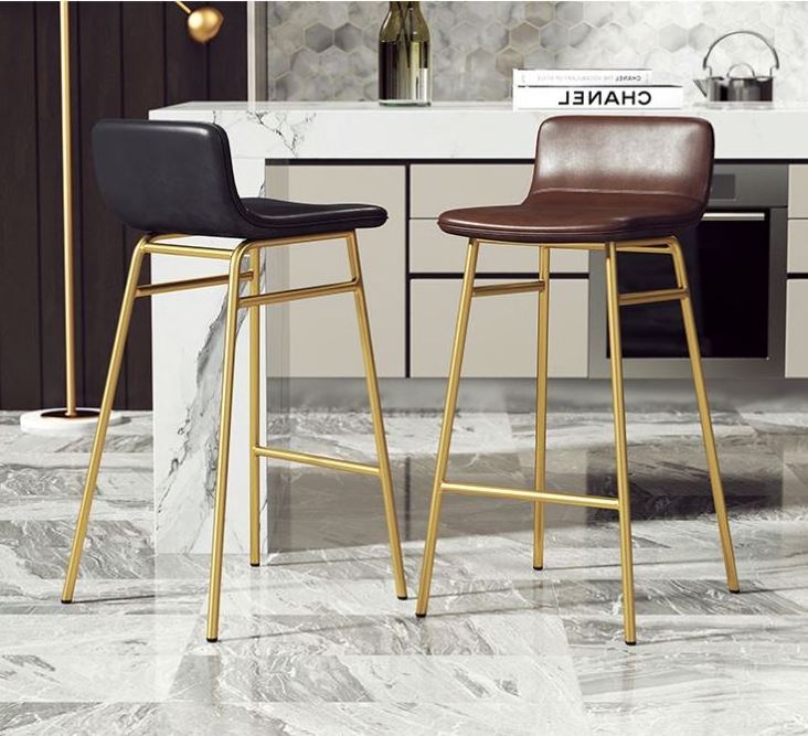 Leather High Back Stools Beige Custom Color Pu Stainless Steel Metal Counter Bar Kitchen Stool