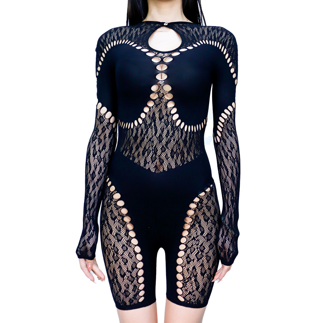 Y2K party club wear long sleeve hollow out mesh see through one piece romper jumpsuit for women