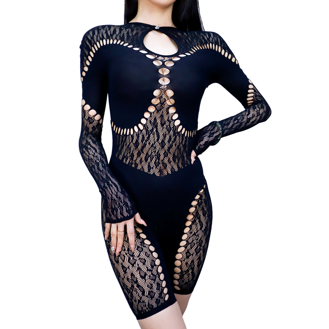 Y2K party club wear long sleeve hollow out mesh see through one piece romper jumpsuit for women