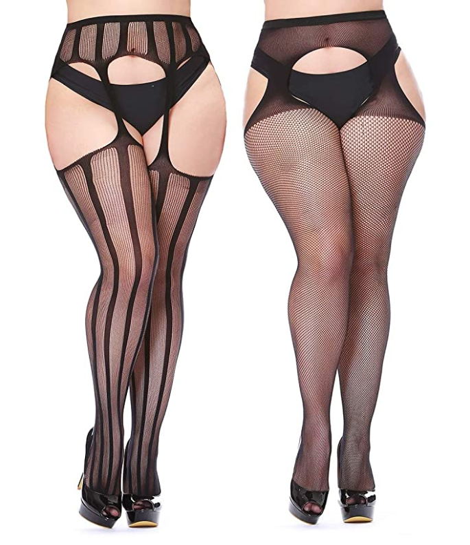 Fat Women Open Crotch Lace Top Sheer Thigh High Stockings Black Lace Sexy Pantyhose