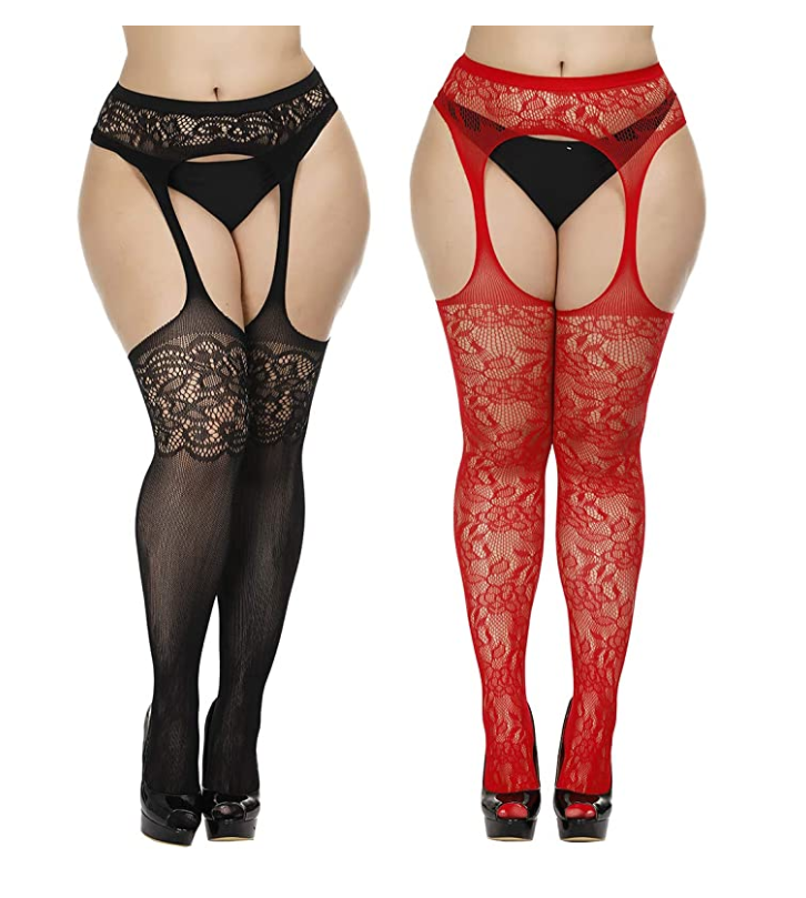 Fat Women Open Crotch Lace Top Sheer Thigh High Stockings Black Lace Sexy Pantyhose