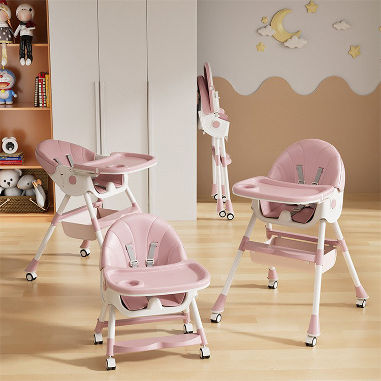 Multi-functional Baby High Chair Adjustable Folding Toddlers Dining Chair with Tray and Wheel