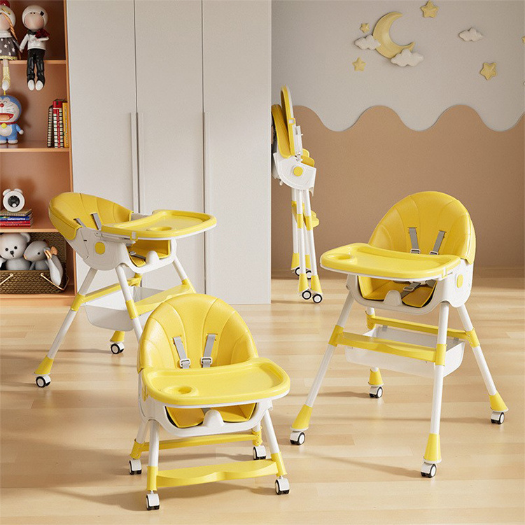 Multi-functional Baby High Chair Adjustable Folding Toddlers Dining Chair with Tray and Wheel