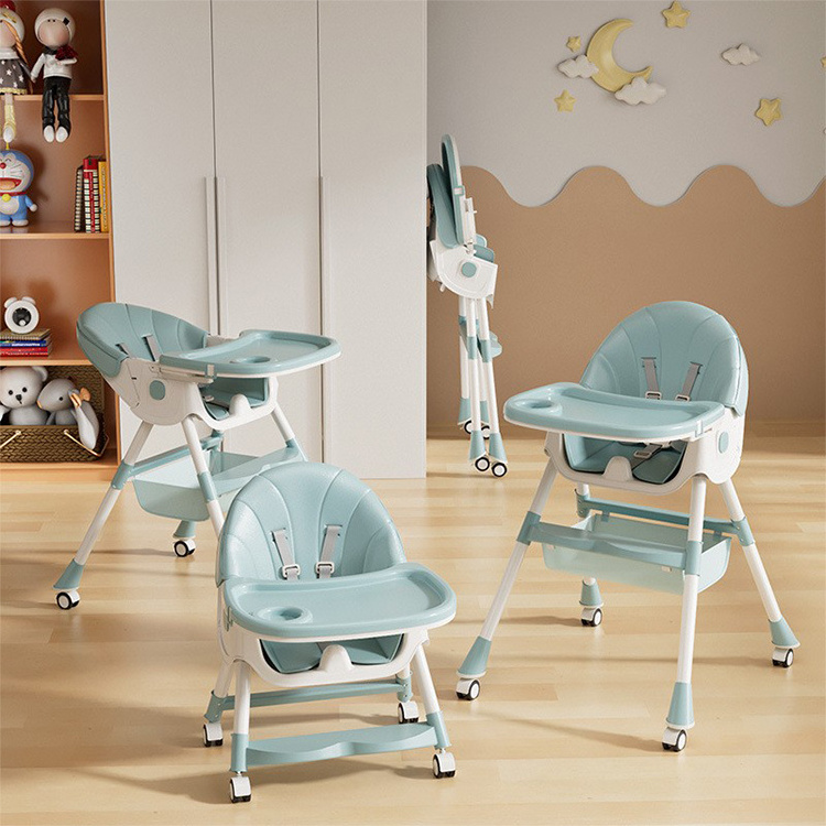 Multi-functional Baby High Chair Adjustable Folding Toddlers Dining Chair with Tray and Wheel