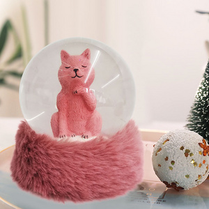 Customizable Pink Bunny Snow Globe Personalized Resin Model with Fur Base Lovely Animal Cat Unicorn Gift