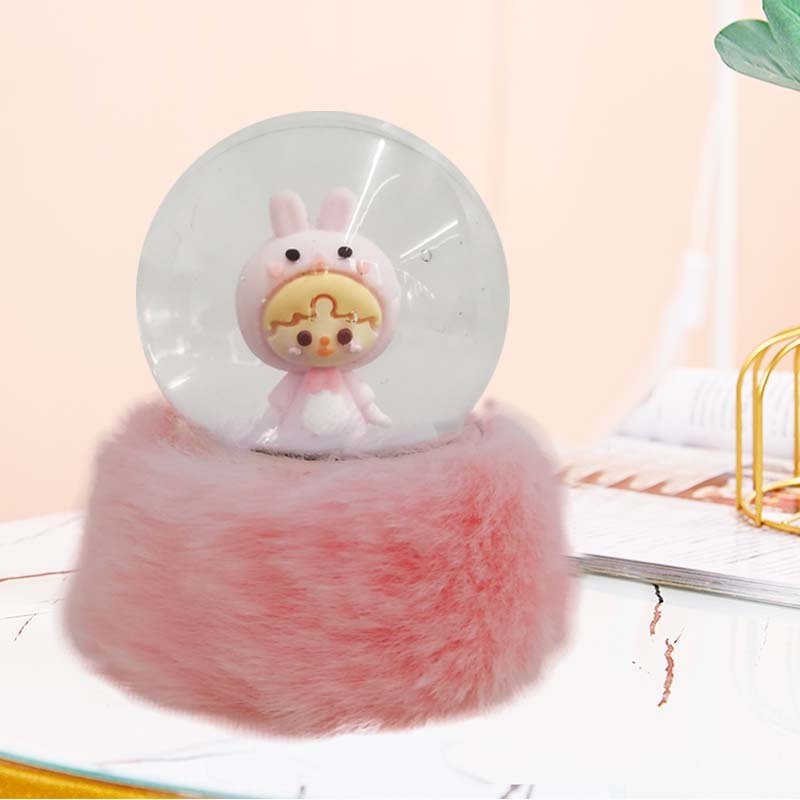 Customizable Pink Bunny Snow Globe Personalized Resin Model with Fur Base Lovely Animal Cat Unicorn Gift