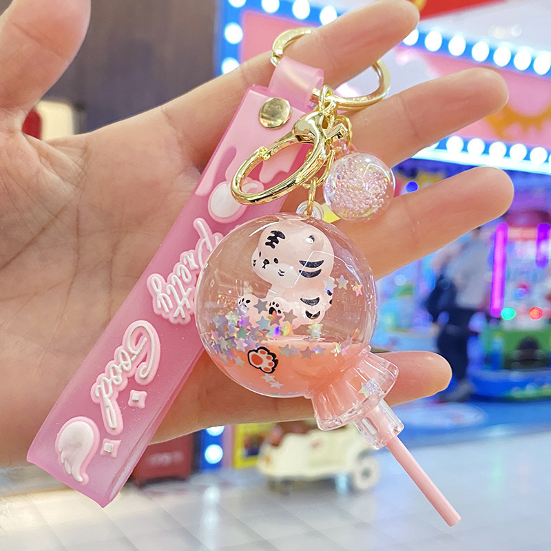 Creative Cute Pink Tiger Keychain Liquid Filled Boba Accessory Made of Acrylic Floating Oiled Animal Milk Tea Cup Key Chain