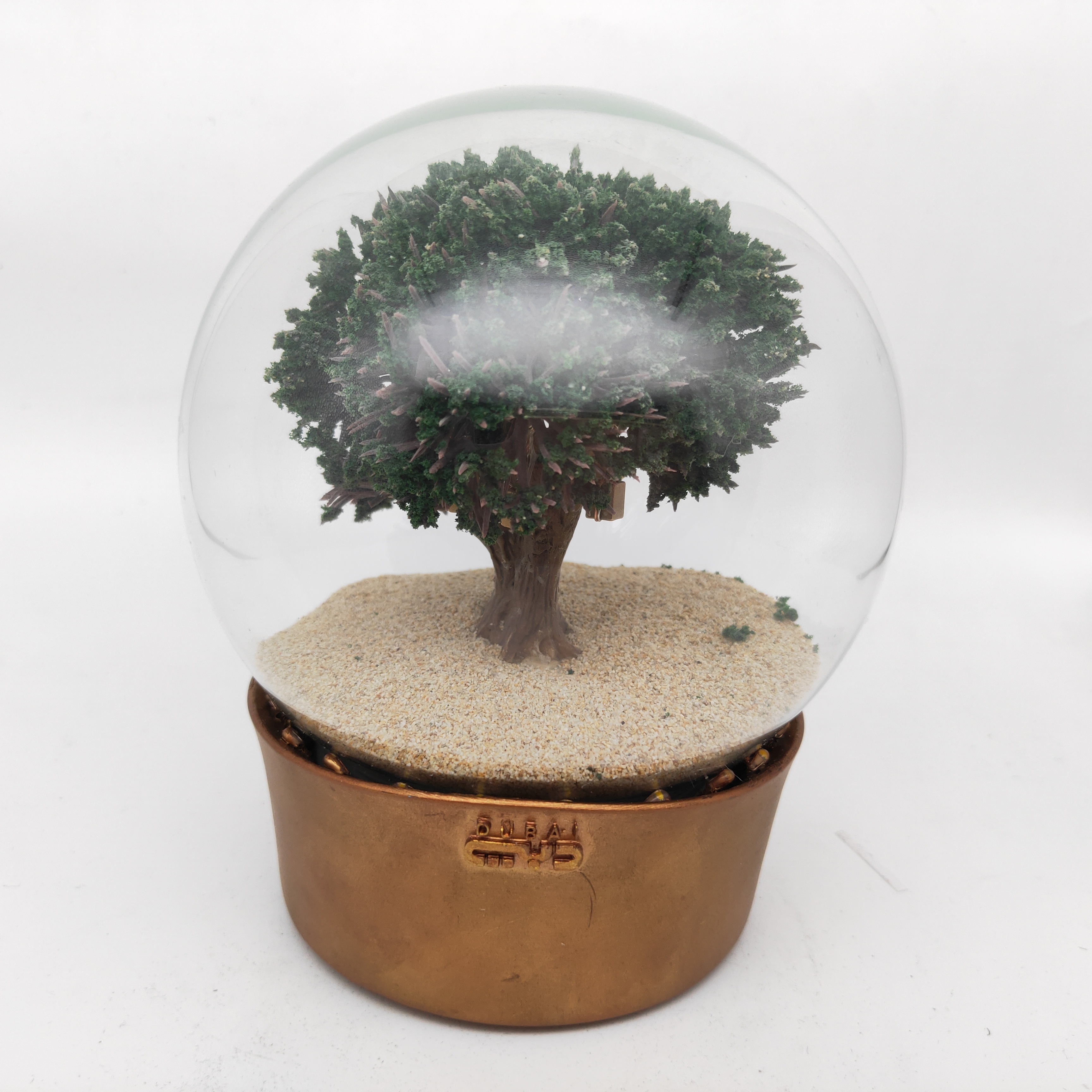 Dubai Custom Tree 100mm Big Sand LED Light Music Glass Resin Snow Globe DIY Religious Model Wholesale Craft Flower Figurine