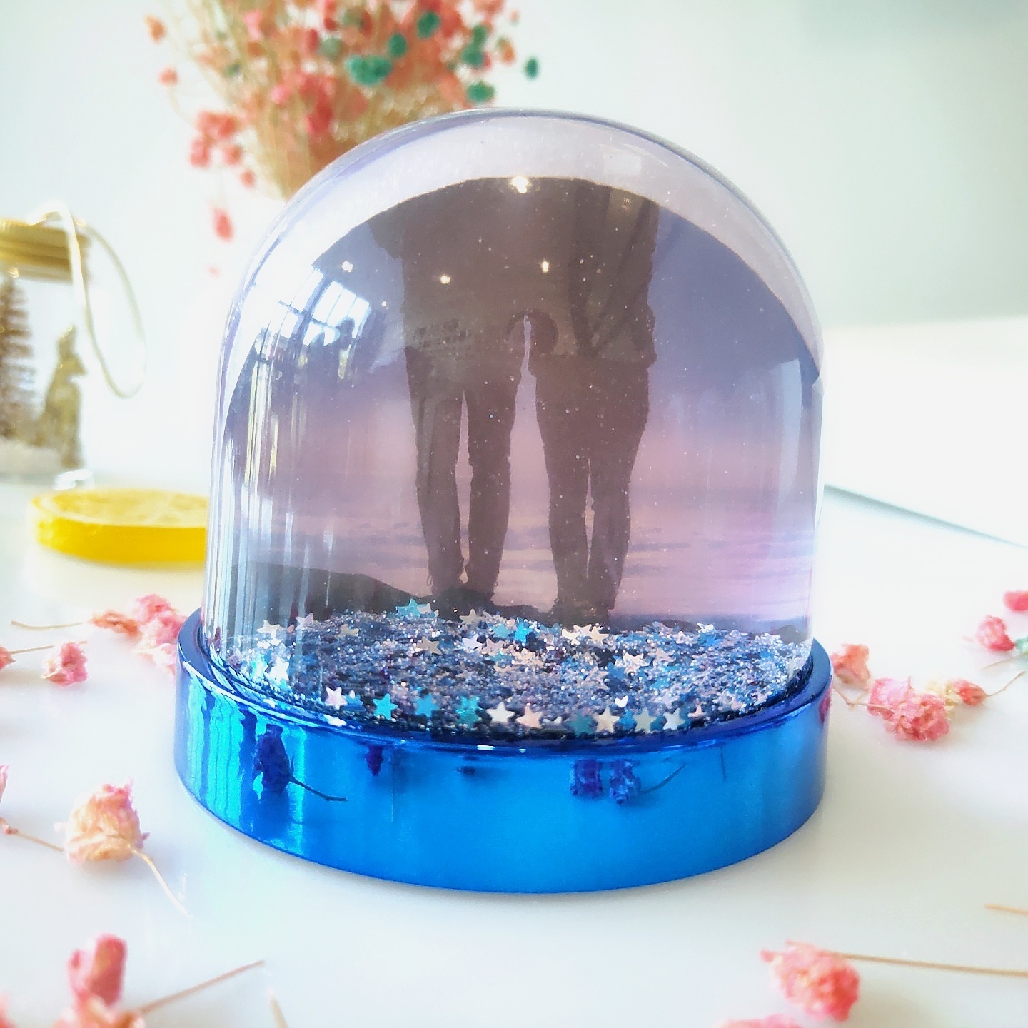 Custom DIY 8.5cm Plastic Photo Inserted Glitter Water Spinning Snow Globe