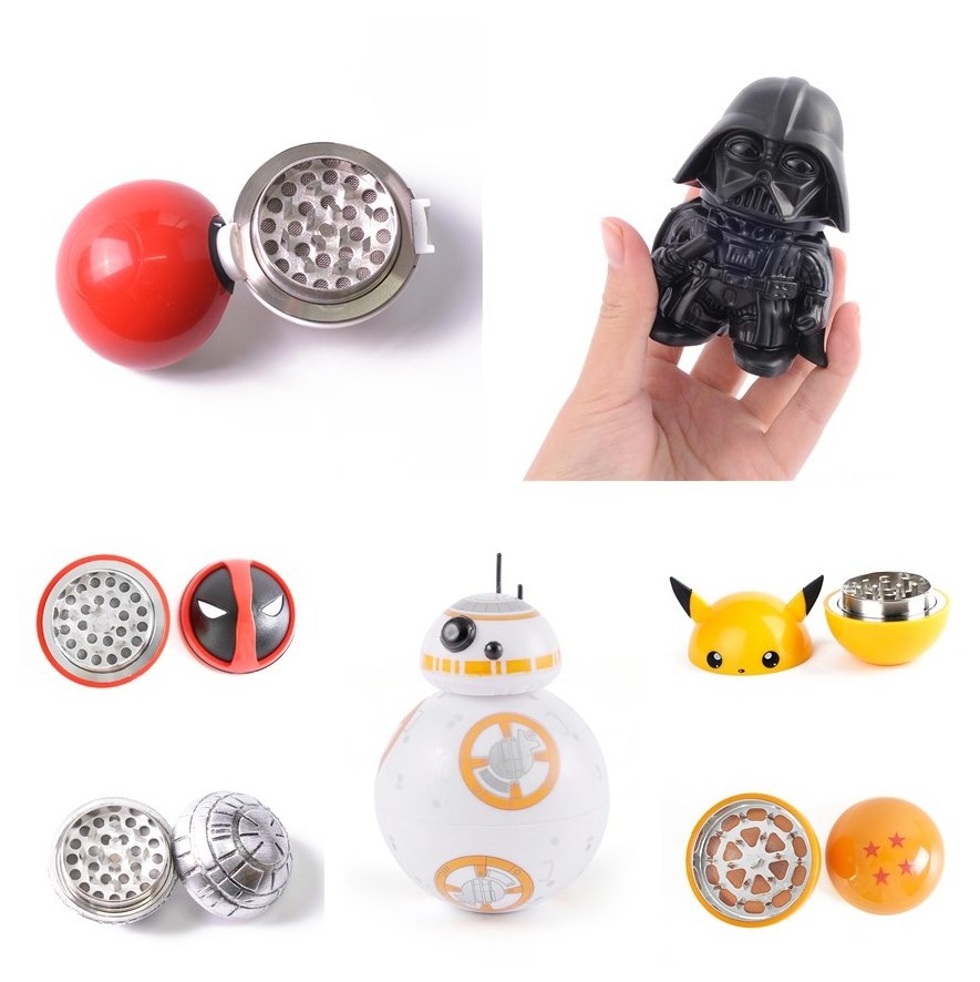 Amazon hot selling 3 layer metal cartoon cute black darth vader poke dragon ball pikachu bb8 smoking tobacco herb grinder