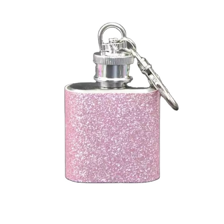 1oz Mini Portable Colorful Whiskey Wine Bottle Stainless Steel Sequins Hip Flask with Keychain for Rhinestone Diamond Lady Girls