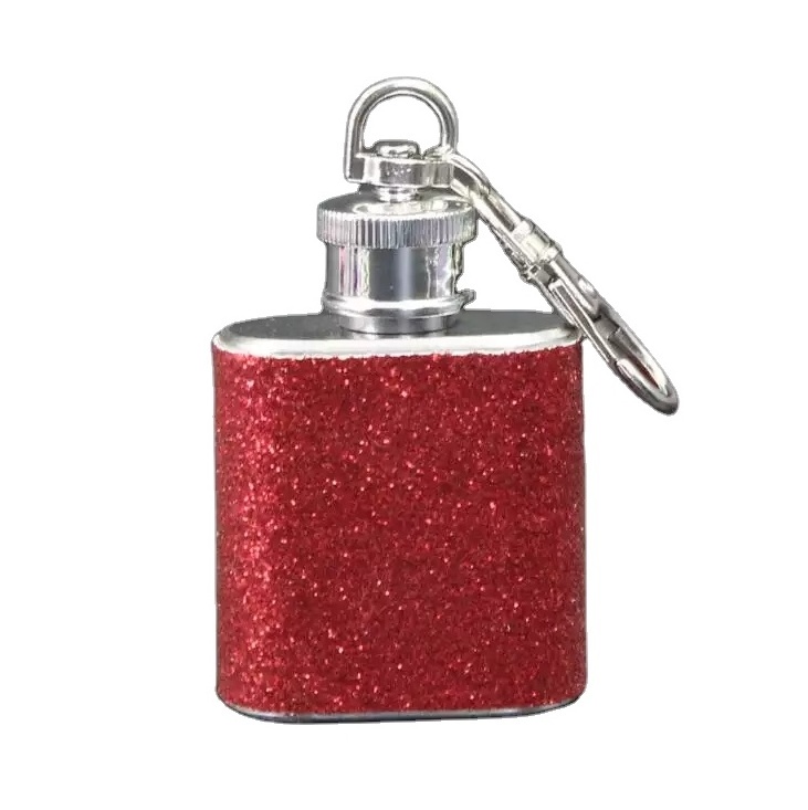 1oz Mini Portable Colorful Whiskey Wine Bottle Stainless Steel Sequins Hip Flask with Keychain for Rhinestone Diamond Lady Girls