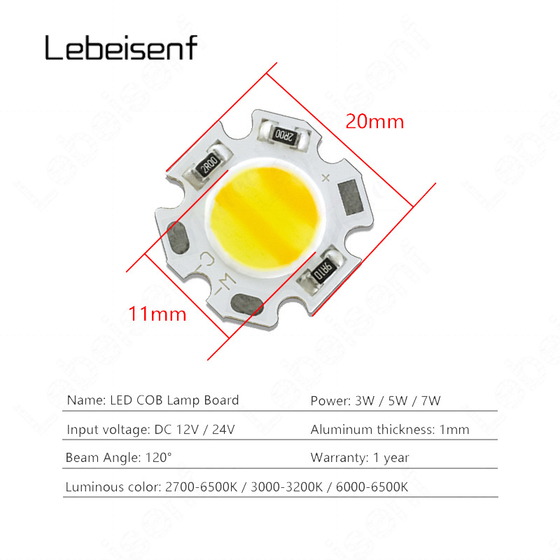 Constant Voltage DC 12V 24V 3W 5W 7W LED COB Chip 11mm Surface Light Source 20mm Aluminum White Warm Dual Color 2600-6500K Lamp