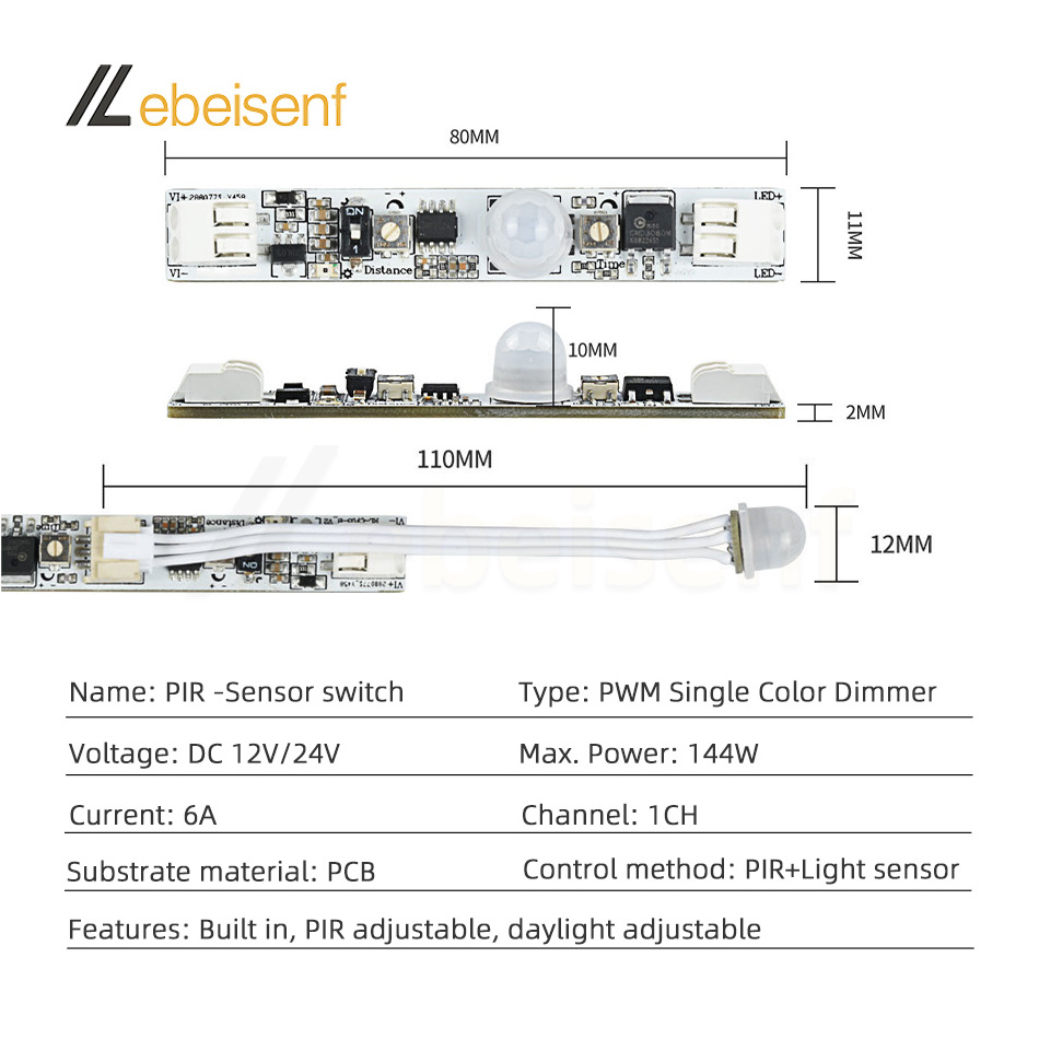 PIR Infrared Human Body Motion Light Sensor Switch DC 12V 24V 6A Distance Delay Adjustable Built in Type for PWM LED Light Strip