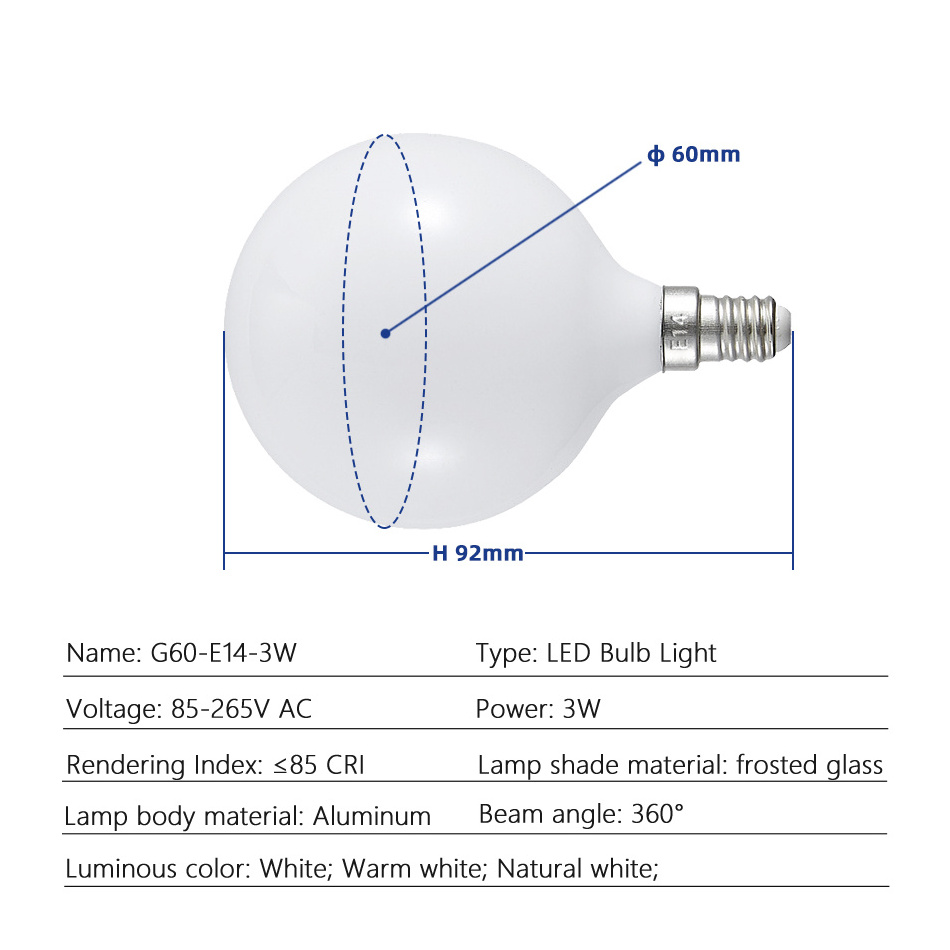 High Quality 85-265V Milky Frosting Glass Cover E14 LED Globe Bulb White G60 3W 60mm White Light 6000K Warm 3000K Neutral 4000K