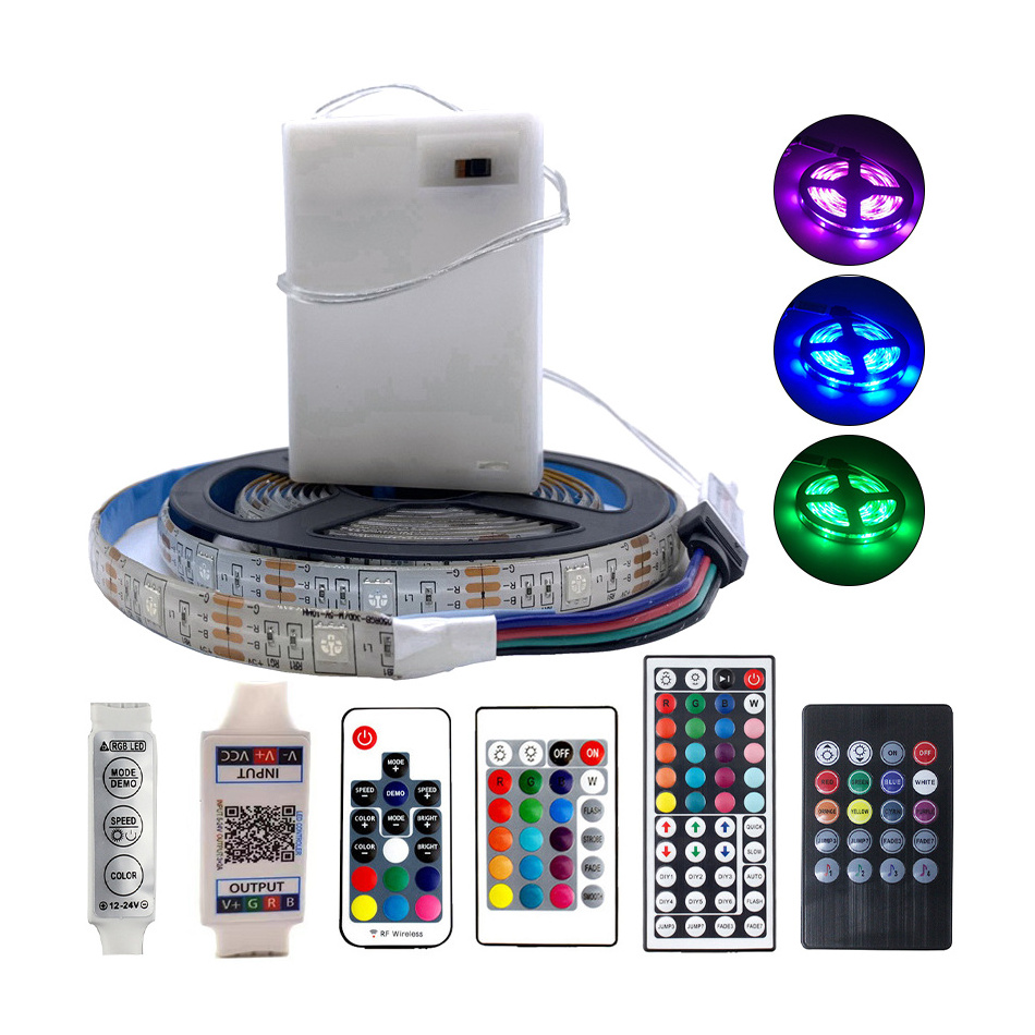 4.5V 5050 RGB Strip Light LED Colorful Flexible Tape Lamp Bar with 3AA Battery Box Dimmer Controller Remote IR RF Blue tooth APP