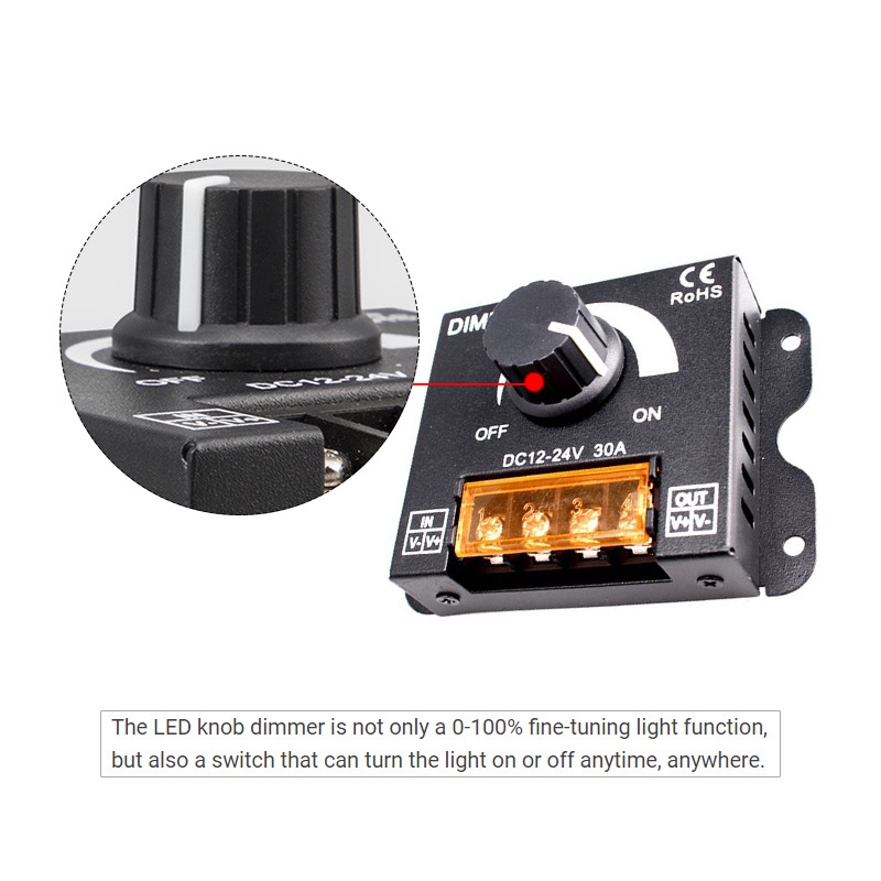 LED Dimmer 30A High-power 0~100% Knob Switch DC 12V 24V Single Color PWM Signal Controller for One Channel Light Strip Modules