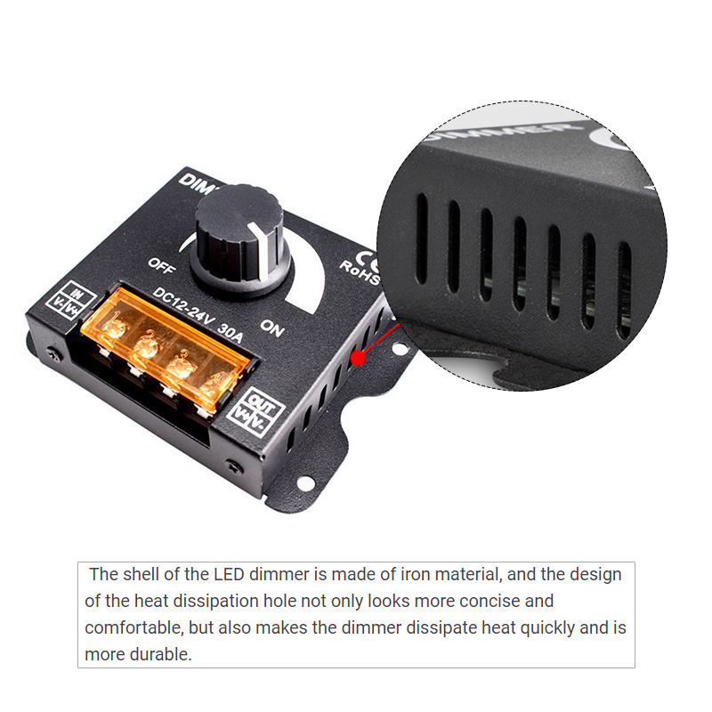 LED Dimmer 30A High-power 0~100% Knob Switch DC 12V 24V Single Color PWM Signal Controller for One Channel Light Strip Modules