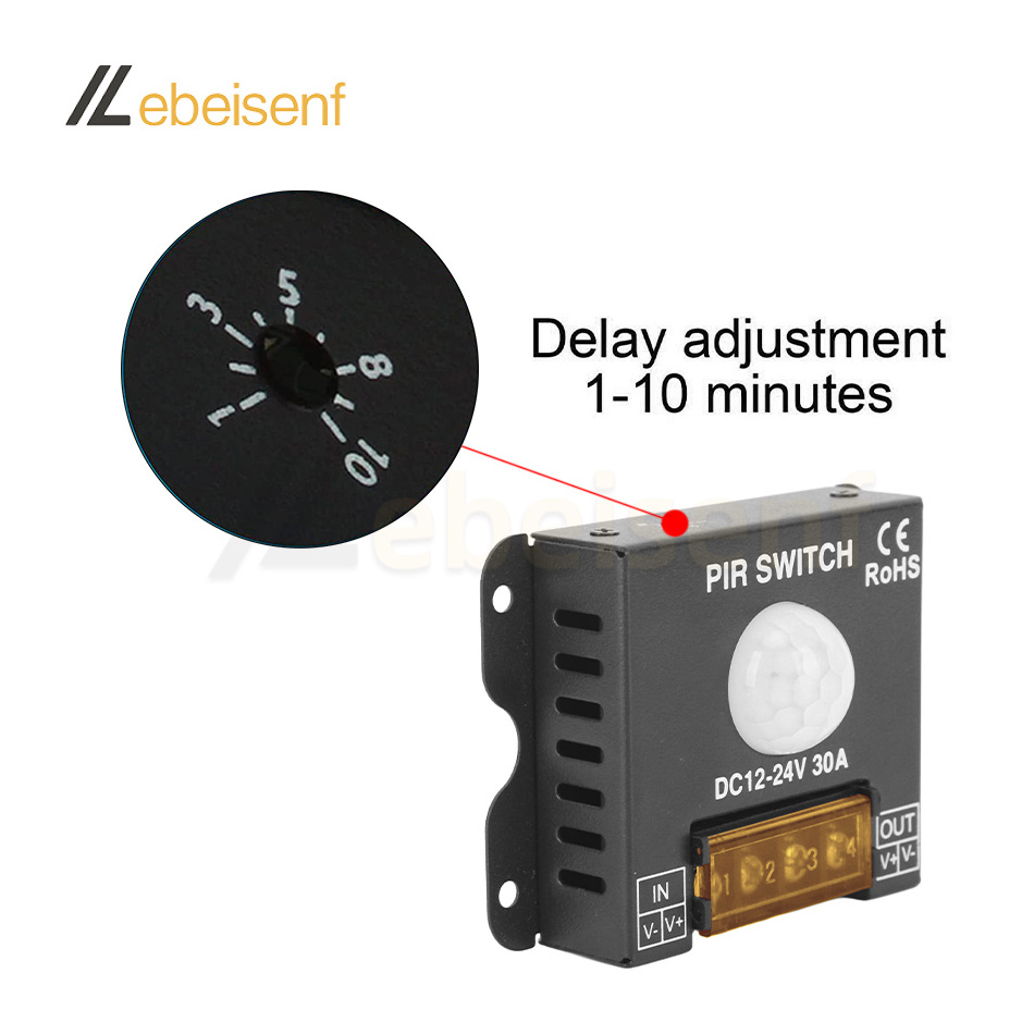 New PIR Switch DC 12V 24V 30A PWM High Power Motion Detection Controller Adjustable Delay Time for LED Strip Light On/Off Sensor