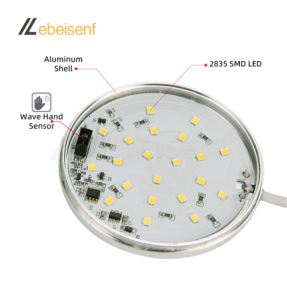 Under Cabinet LED Round Lighting DC 12V 5W Built in Waving Sensor Dimmer Switch Aluminum Shell Kitchen Magnetic Ceiling Lights