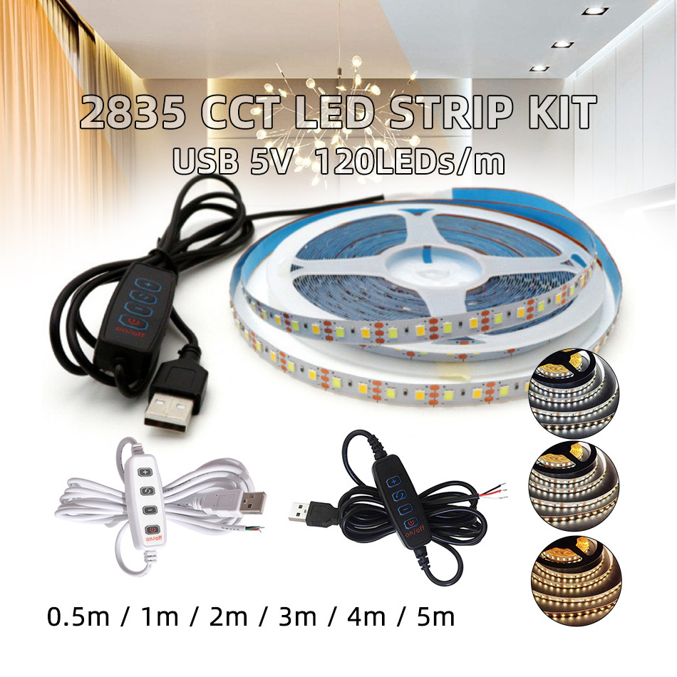 1Set 5V USB Dual Color LED Strip Light 120LEDs/M 0.5m 1m 2m 4m 5m 3000K-6500K SMD 2835 with 4-Button 3-Wire 2-Channel CCT Dimmer