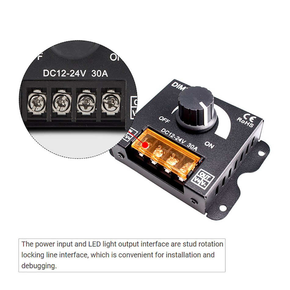 30A LED Knob Dimmer DC 12V 24V Single Color Strip Light PWM Signal Dimming Controller Iron Shell With RF Wireless Remote Control