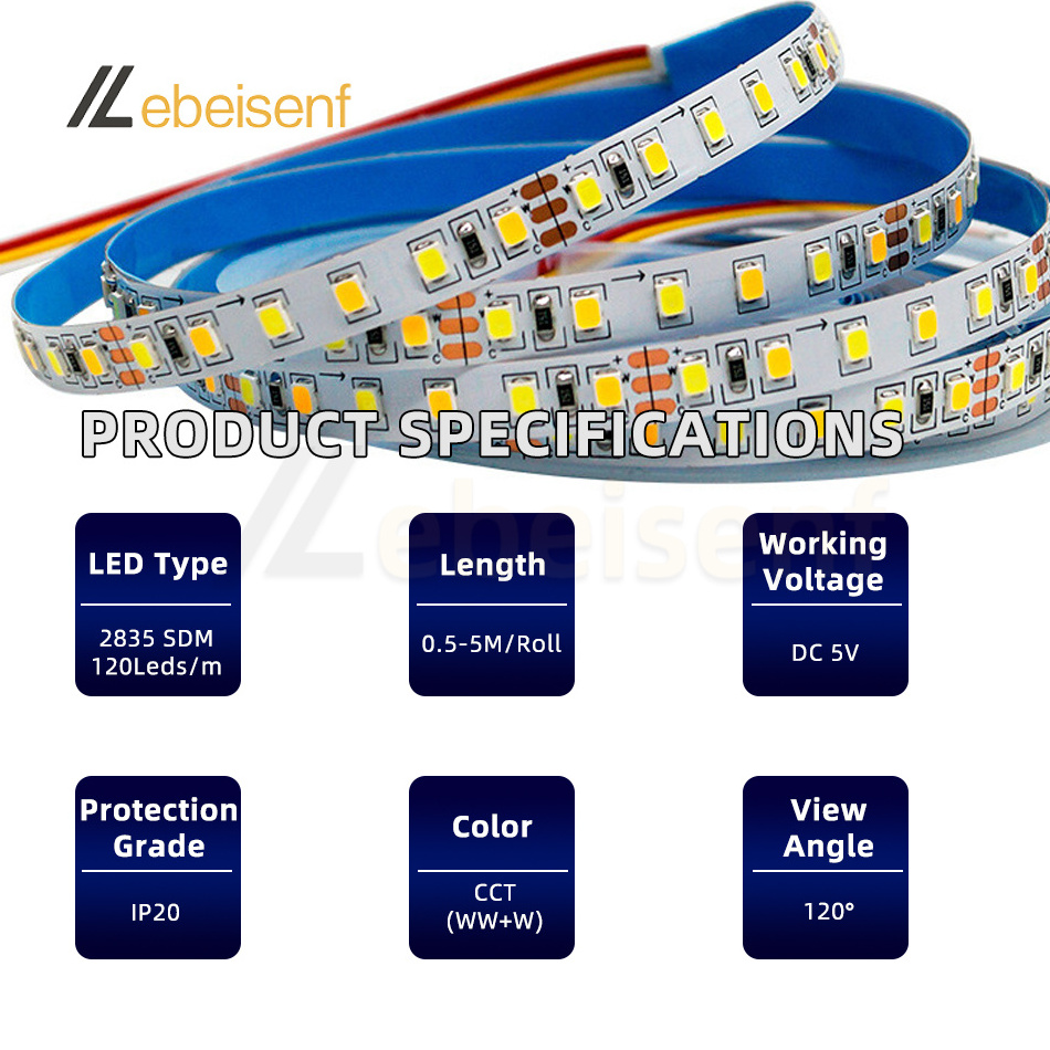 1Set 5V USB Dual Color LED Strip Light 120LEDs/M 0.5m 1m 2m 4m 5m 3000K-6500K SMD 2835 with 4-Button 3-Wire 2-Channel CCT Dimmer