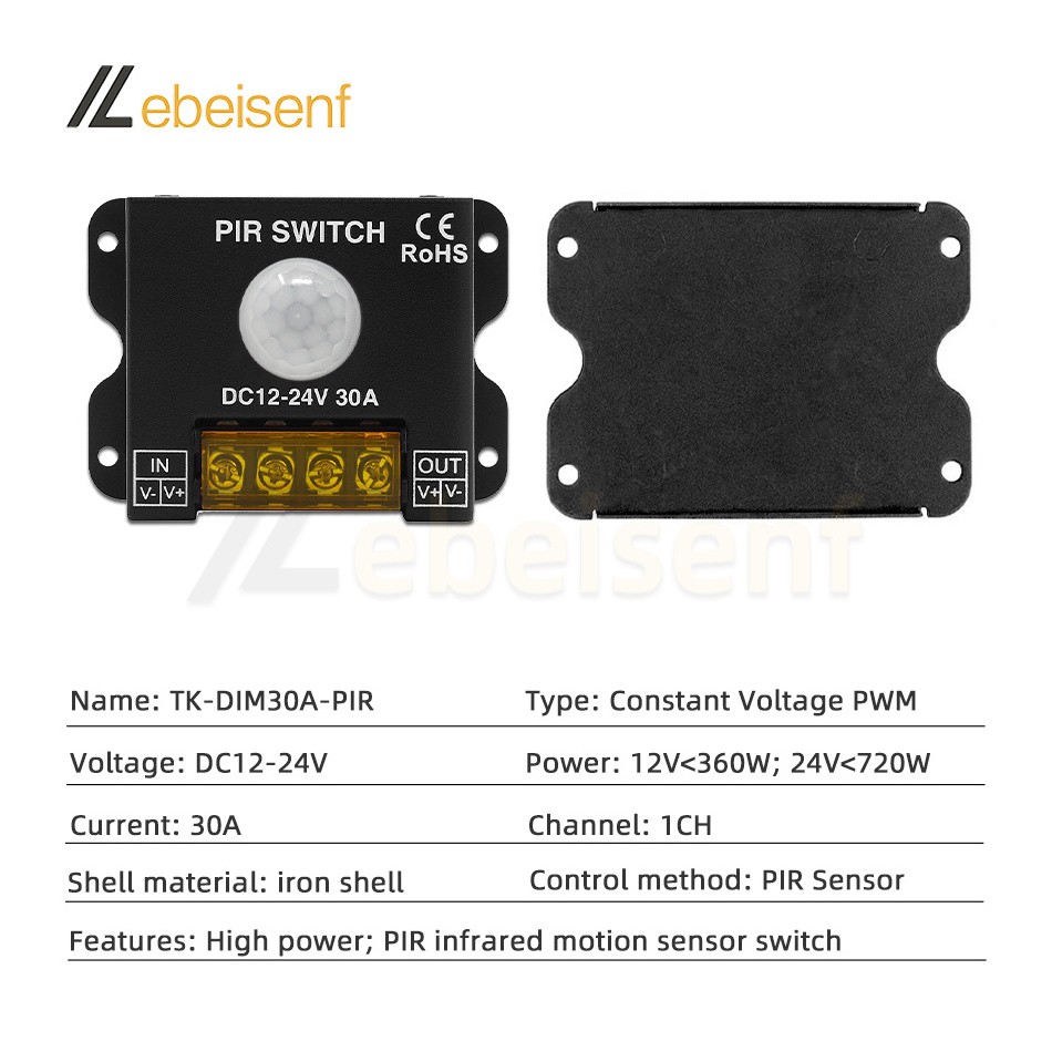 New PIR Switch DC 12V 24V 30A PWM High Power Motion Detection Controller Adjustable Delay Time for LED Strip Light On/Off Sensor