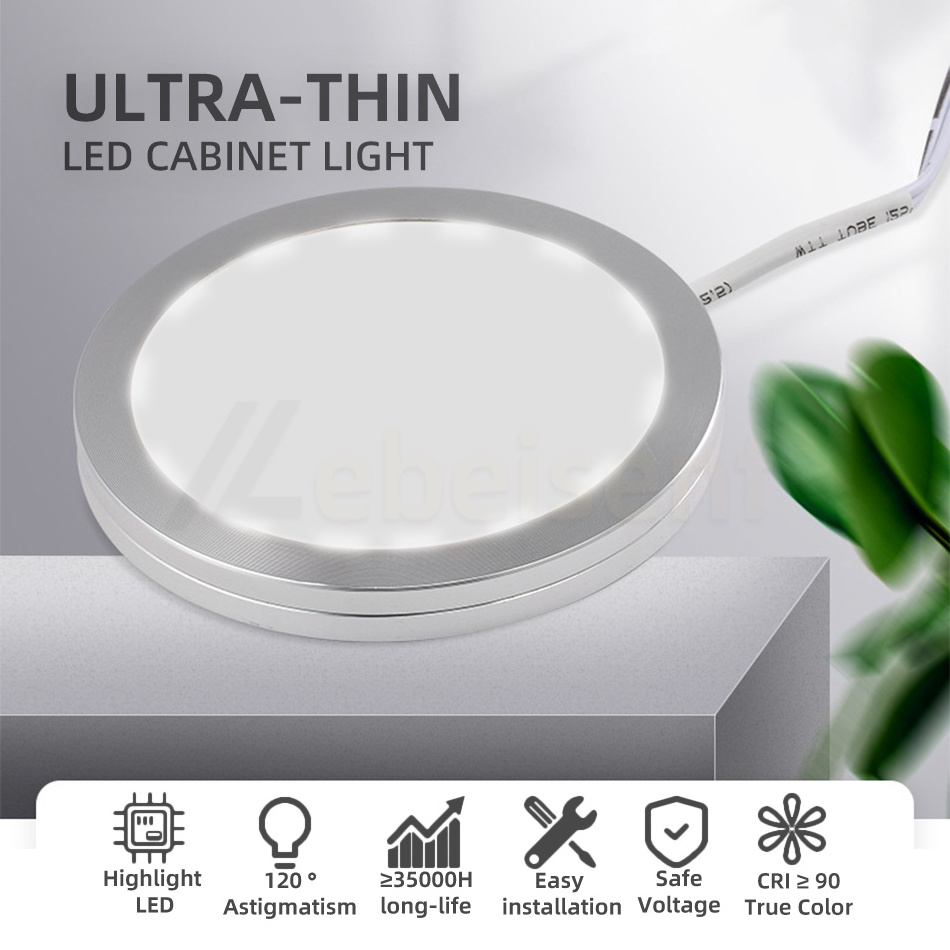 Ultra Slim Under Cabinet LED Light DC 12V 3W Aluminium Round Shell with Connection Wire Kitchen Bright Lighting Decoration 66mm