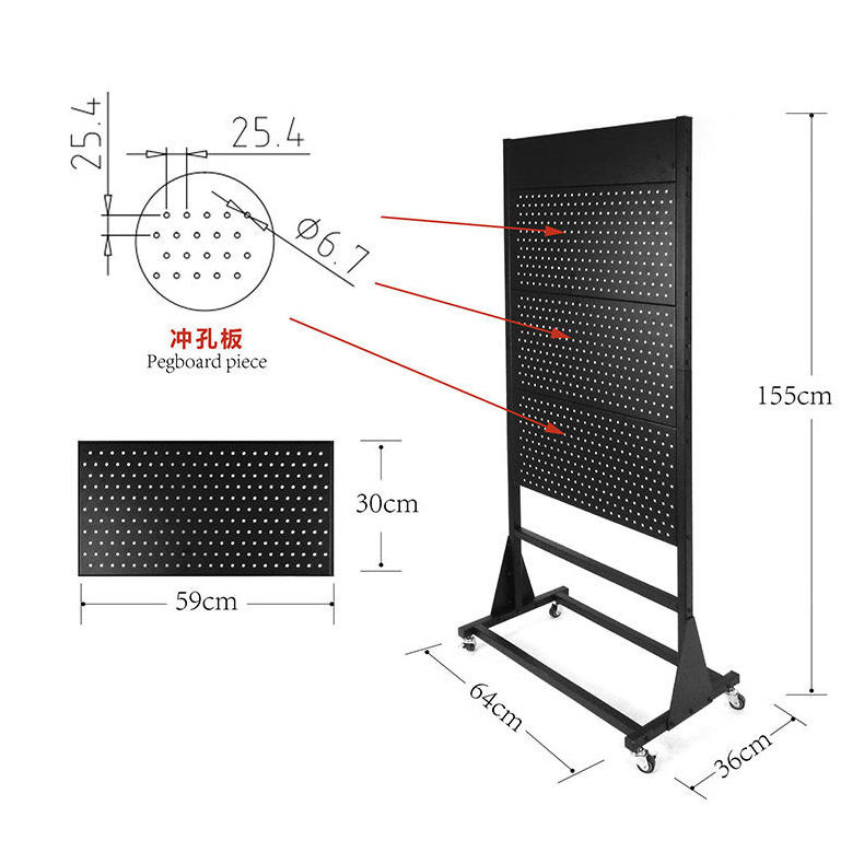 Metal Perforated Advertising Display Rack Floor Standing Pegboard Hanging Hooks Display Rack Black OEM Customized