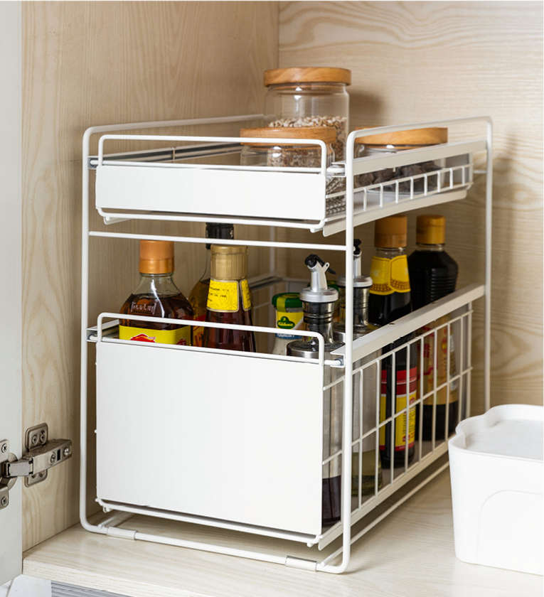 Kitchen shelving mesa draw drawer type storage shelving cupboard inside the layered shelves under the sink shelving