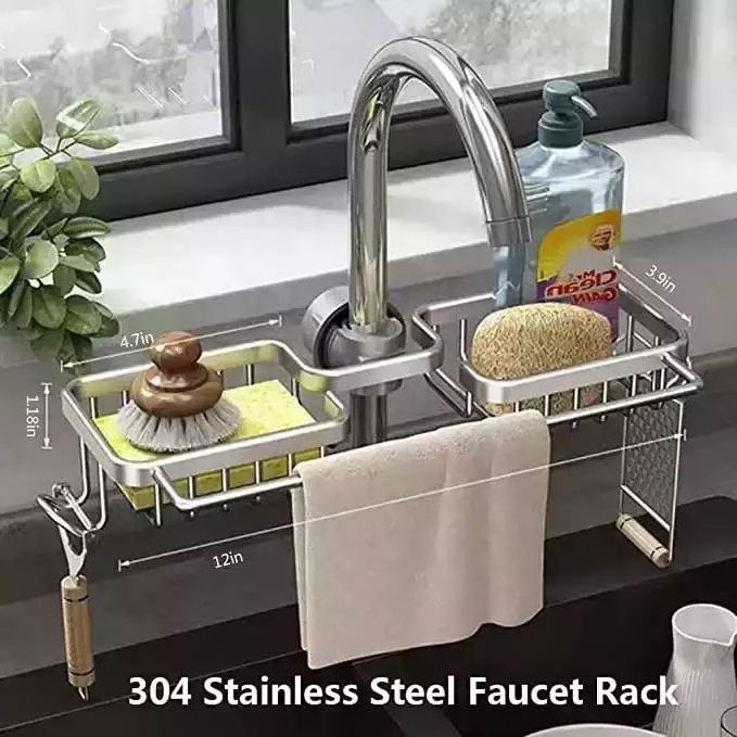 Kitchen Space Aluminum Sink Drain Rack Adjustable Sink Soap Drainer Shelf Basket Over Faucet Sponge Storage Holder