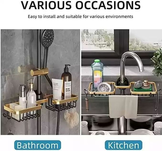 Kitchen Space Aluminum Sink Drain Rack Adjustable Sink Soap Drainer Shelf Basket Over Faucet Sponge Storage Holder