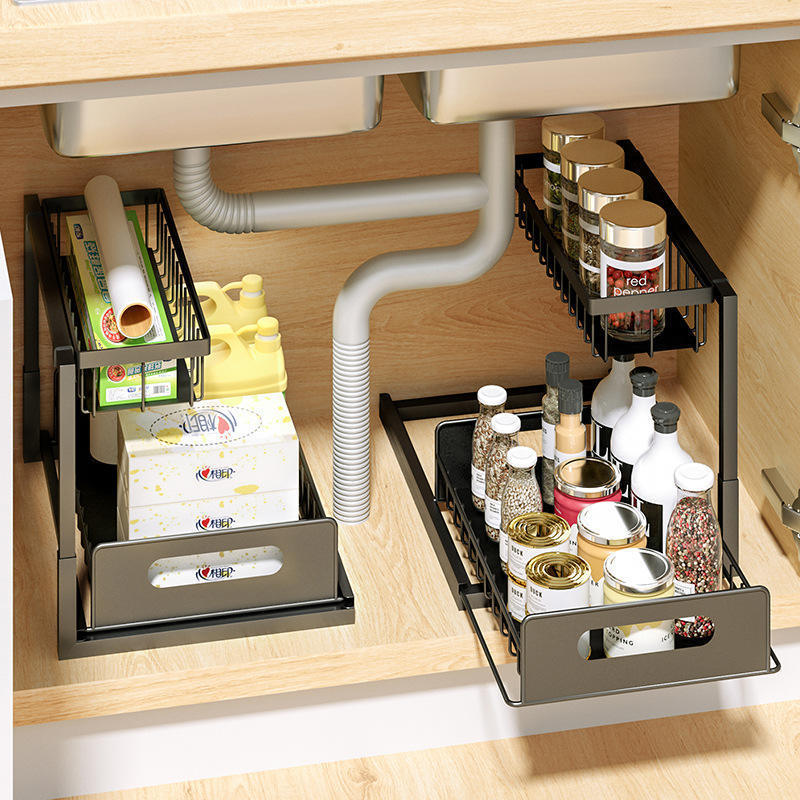 Slide Out Cabinet Organizer Storage Rack Under Sink Basket Organizer With Sliding Drawer For Kitchen and Bathroom