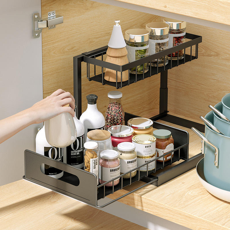 Slide Out Cabinet Organizer Storage Rack Under Sink Basket Organizer With Sliding Drawer For Kitchen and Bathroom