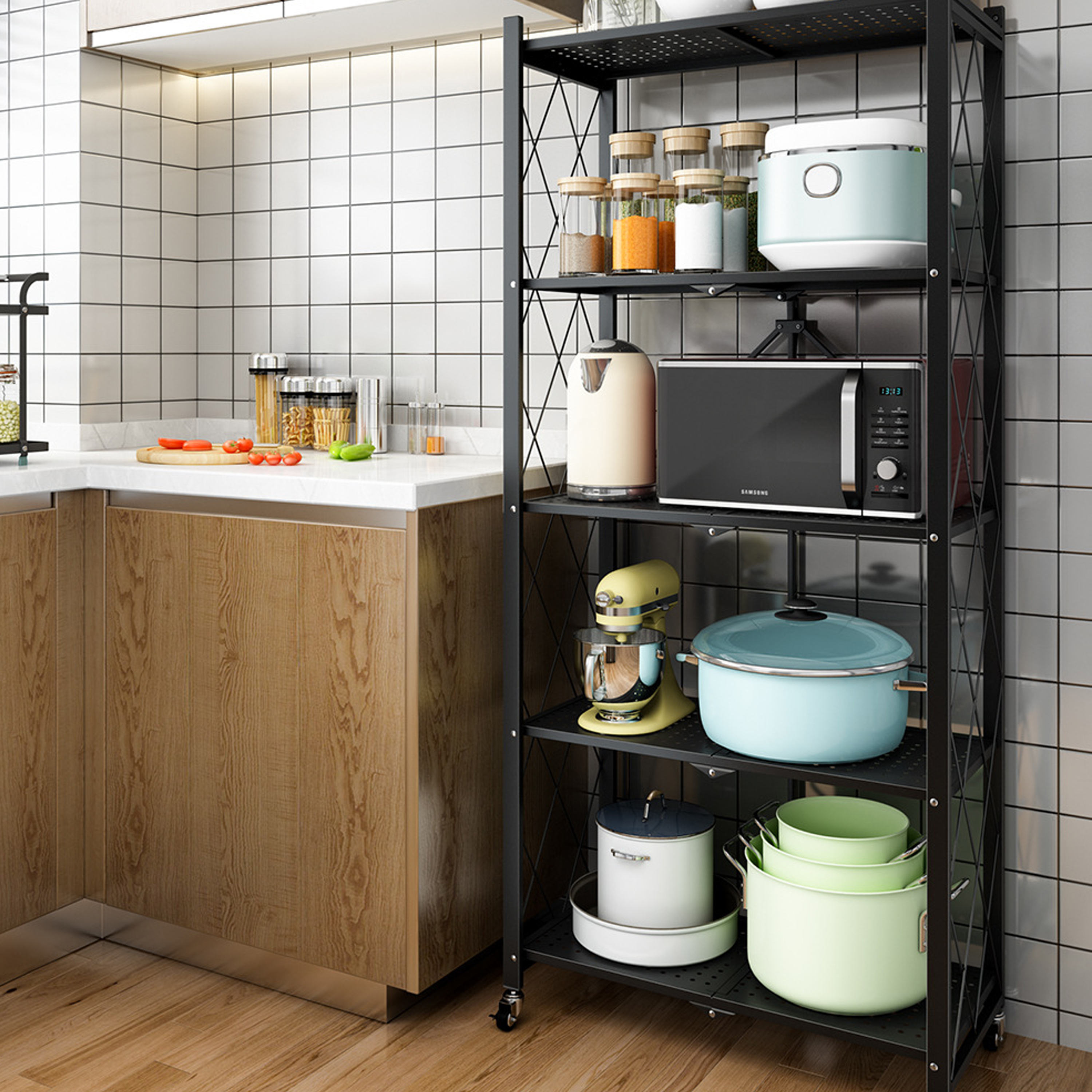 Movable Garage Wire Shelving Units Foldable Storage Shelves Black Kitchen IRON Paper Box No Assemble Required Metal 8000g