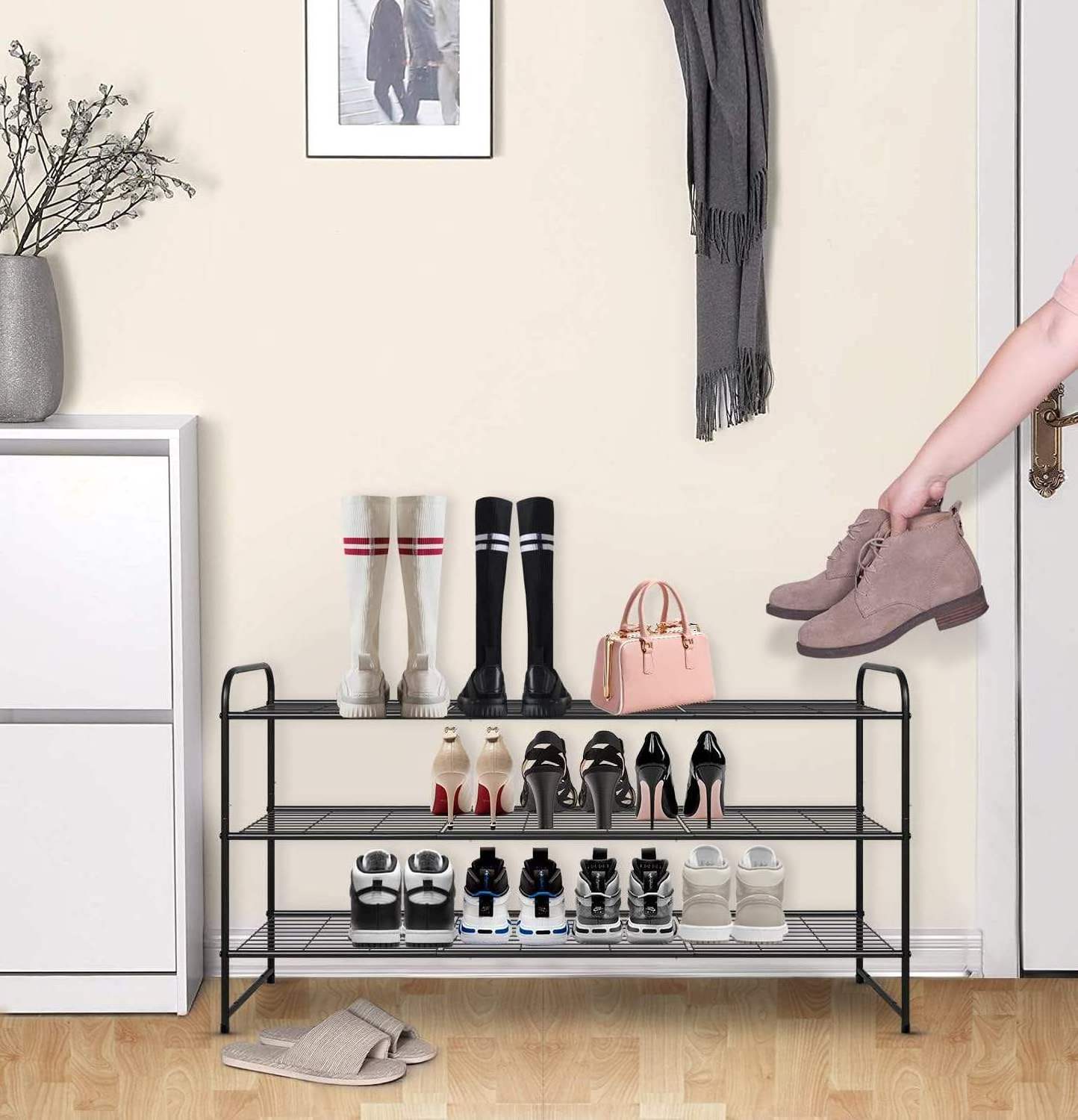 3-Tier Long Shoe Rack for Closet Metal Shoe Organizer for Entryway, Wide Stackable Shoe Storage Shelf with Sturdy Wire Grid for