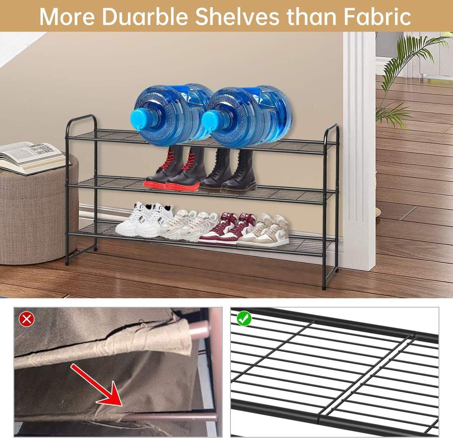 3-Tier Long Shoe Rack for Closet Metal Shoe Organizer for Entryway, Wide Stackable Shoe Storage Shelf with Sturdy Wire Grid for