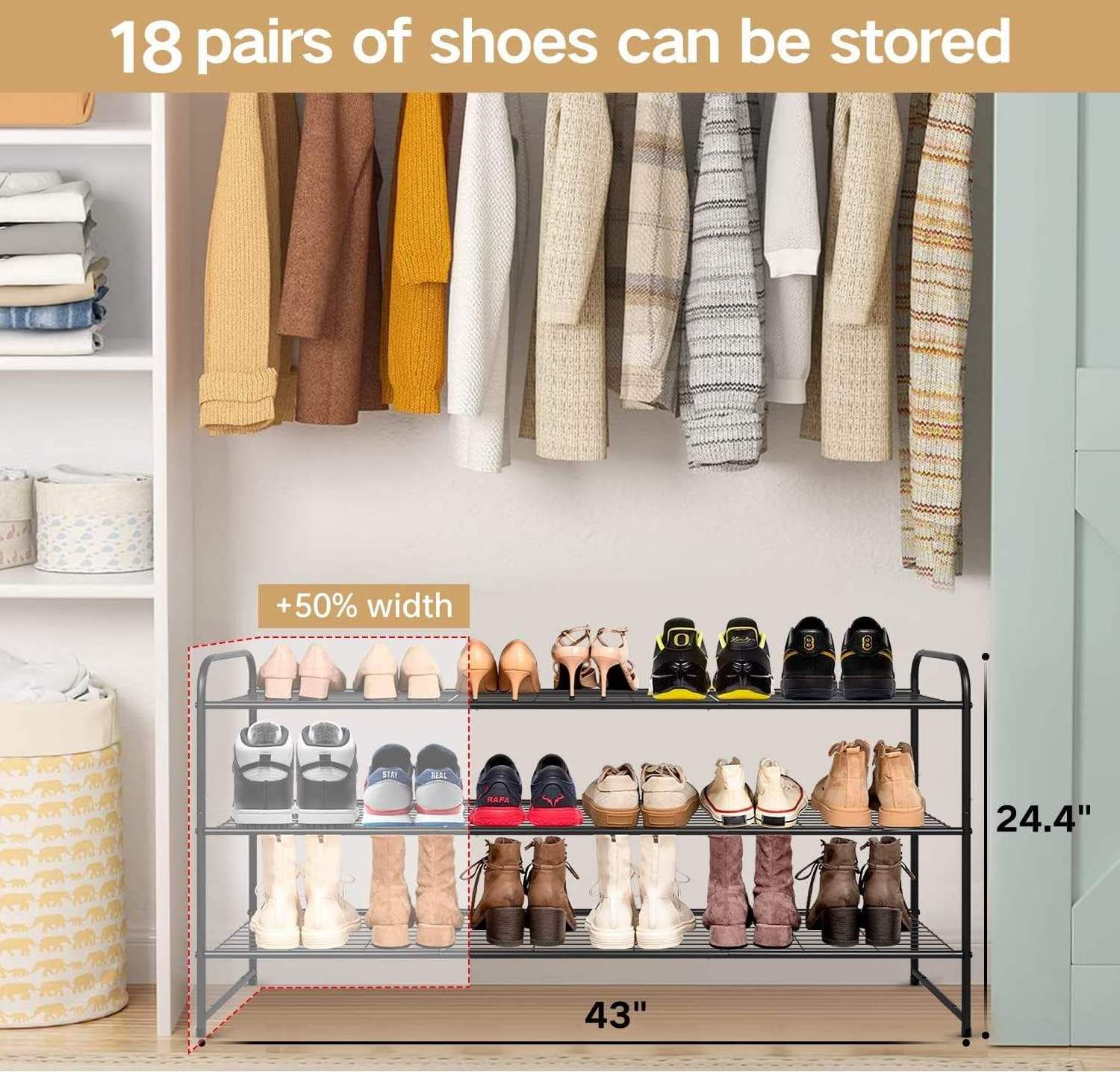 3-Tier Long Shoe Rack for Closet Metal Shoe Organizer for Entryway, Wide Stackable Shoe Storage Shelf with Sturdy Wire Grid for