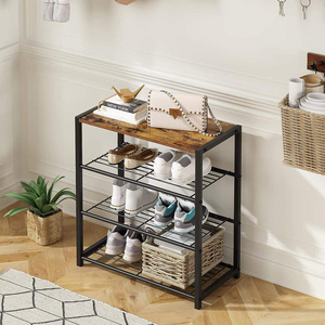 4 Tier Shoe Organizer Storage for Closet Entryway Narrow Slim Metal Shoe Shelves with Wooden Top Rustic Brown and Black