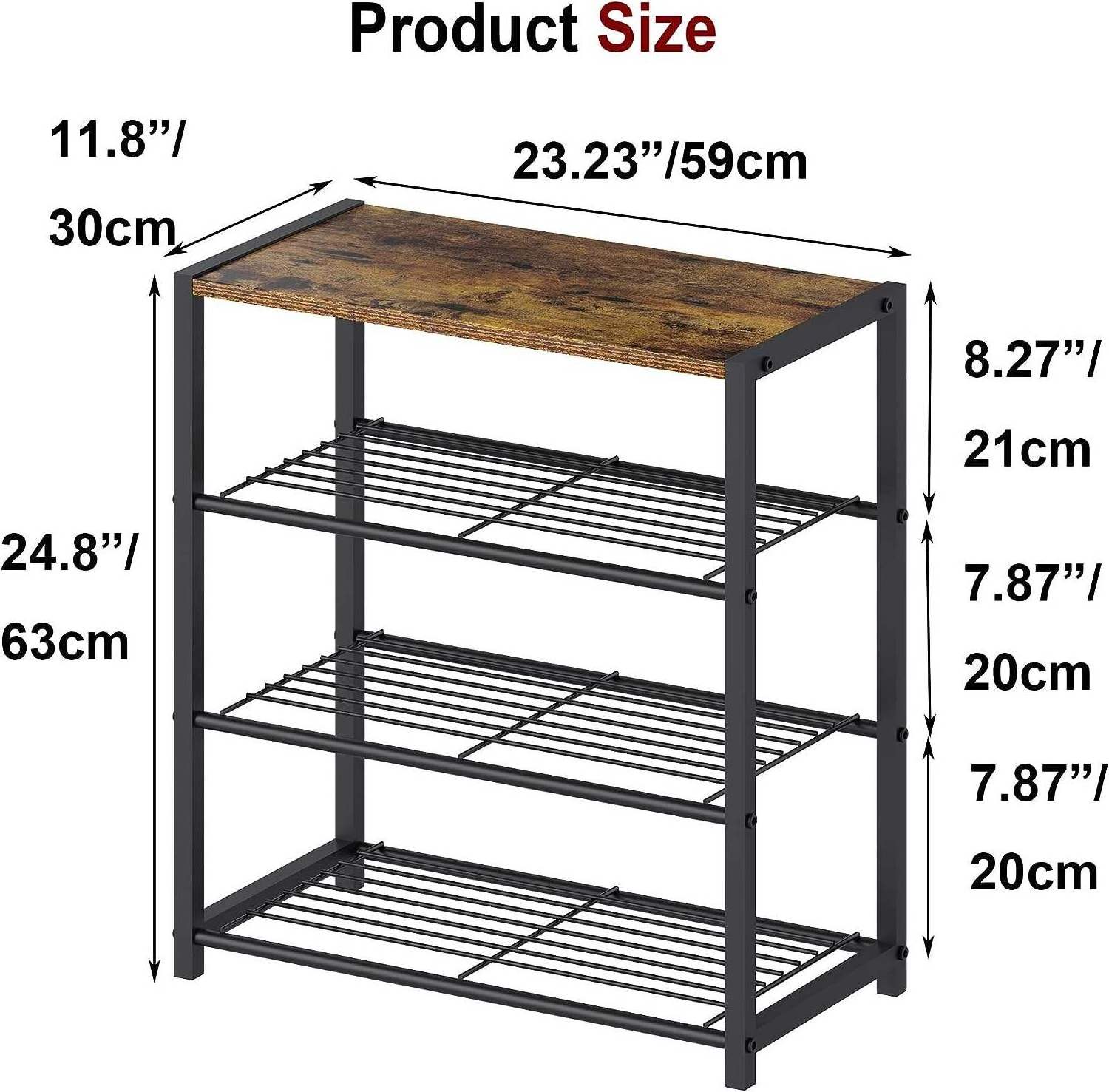 4 Tier Shoe Organizer Storage for Closet Entryway Narrow Slim Metal Shoe Shelves with Wooden Top Rustic Brown and Black