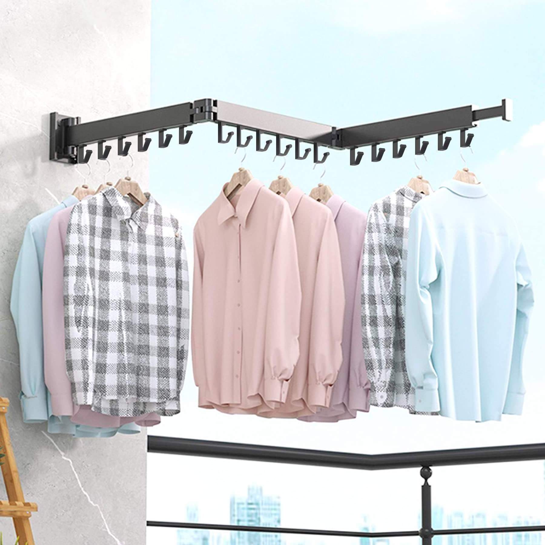 Wall Mounted Clothes Hanger Rack Retractable Clothes Drying Rack Space-Saver Laundry Drying Rack