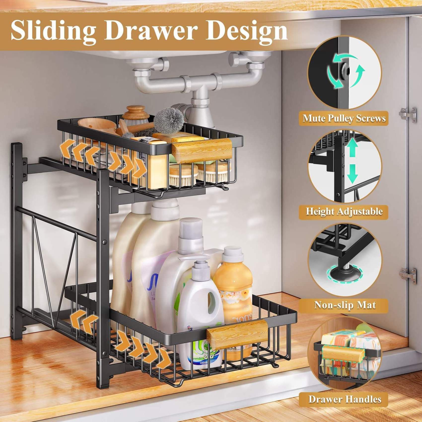 Under Sink Organizers for Bathroom Metal Pull Out Cabinet Organizer Adjustable 2 Tie Sliding Drawer Under Sink Storage Shelf