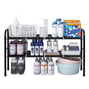 Under Sink Organizer Expandable Cabinet Shelf Organizer 2 Tier Under Bathroom Storage Rack with Removable Panels