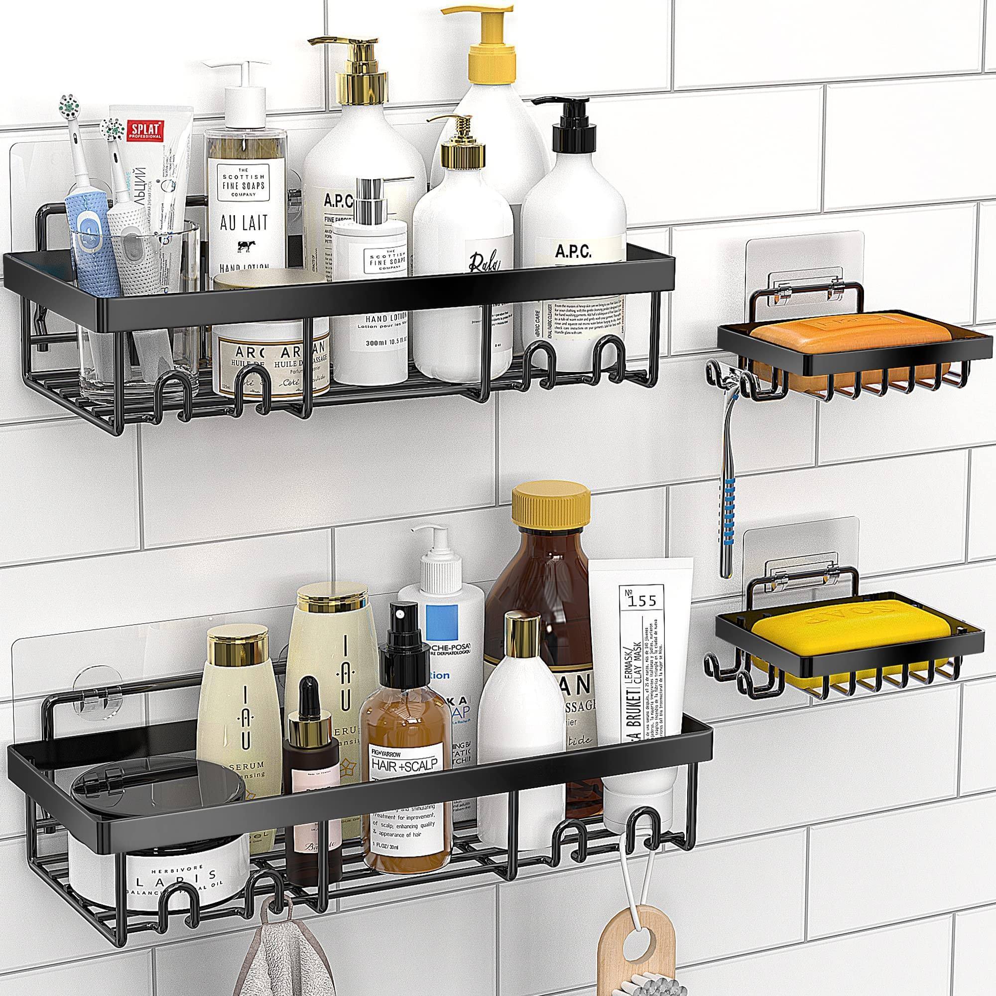 4-Pack Shower Caddy Shelf Organizer Rack with Soap Dish Holder, Self Adhesive Black Bathroom Decor Basket Shelves