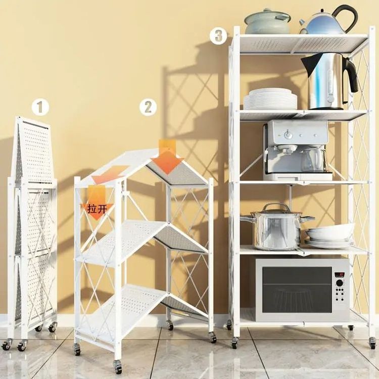 Household Home Used 5 tier Foldable Storage Shelves & Unit Metal Kitchen Shelf Foldable Storage Rack