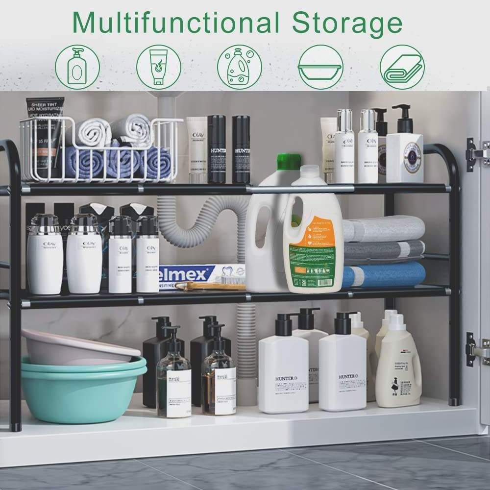 Under Sink Organizer Expandable Cabinet Shelf Organizer 2 Tier Under Bathroom Storage Rack with Removable Panels