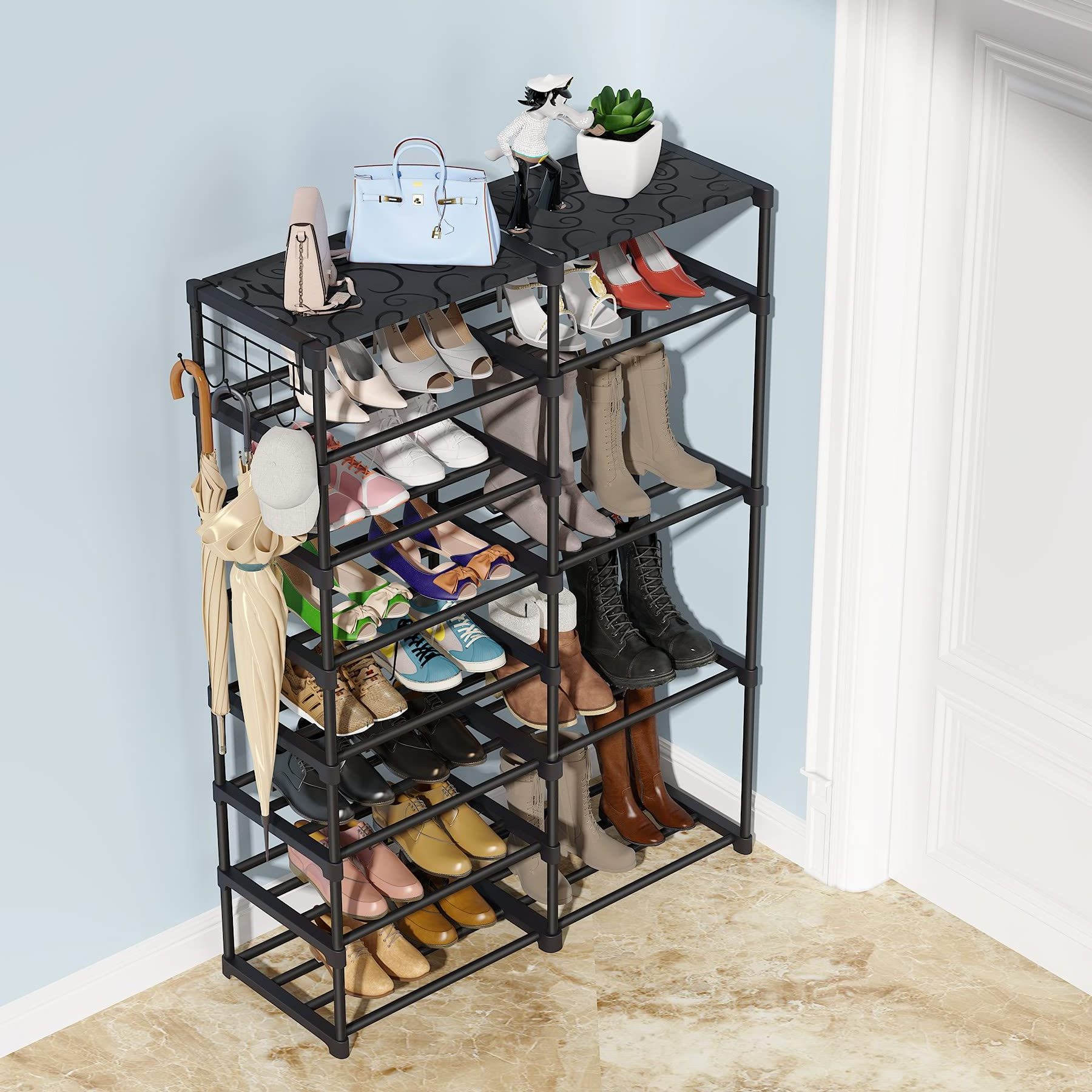 24-30 Pairs Metal Shoe Rack Shoe Shelf Shoe Boots Storage Organizer with Side Hooks for Entryway