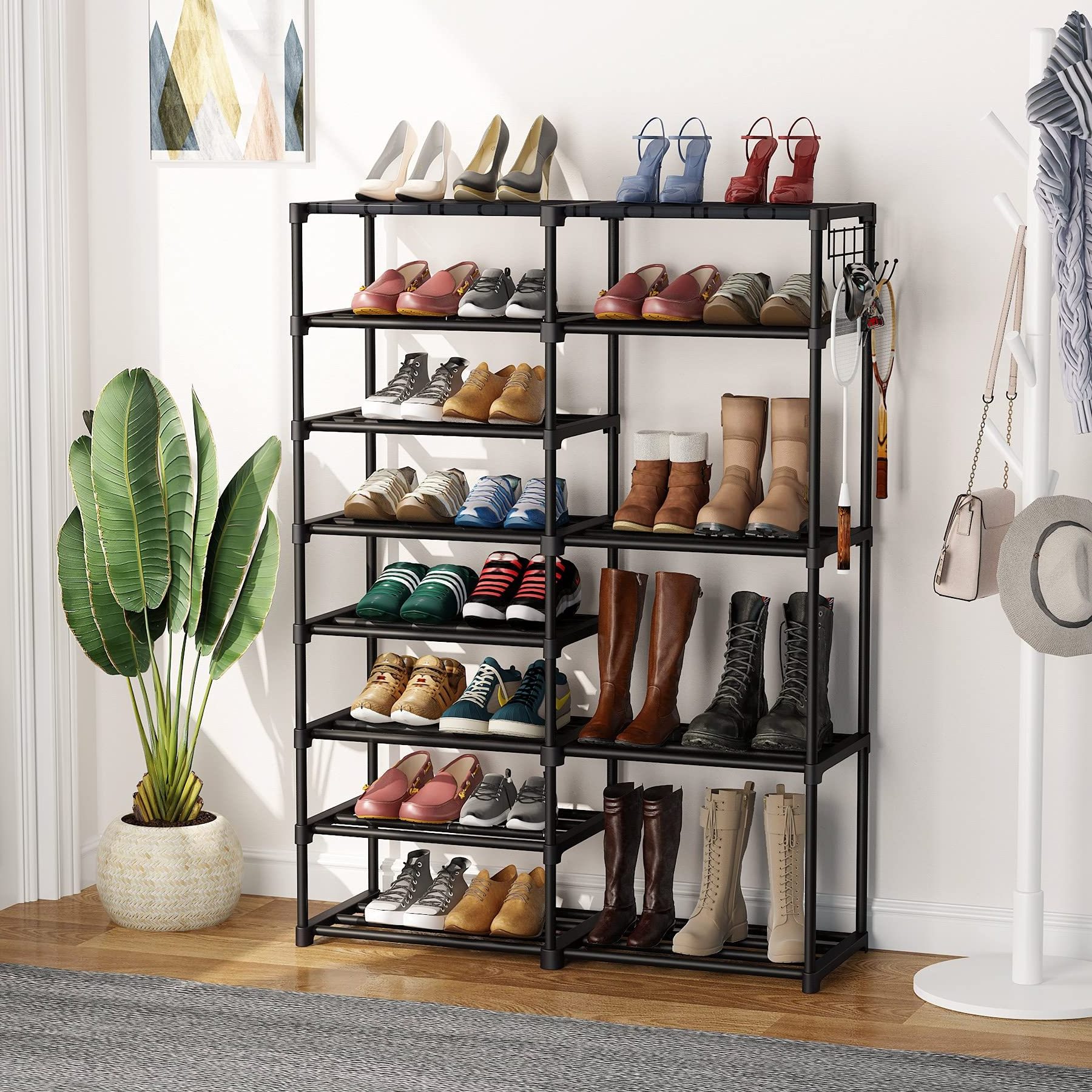 24-30 Pairs Metal Shoe Rack Shoe Shelf Shoe Boots Storage Organizer with Side Hooks for Entryway