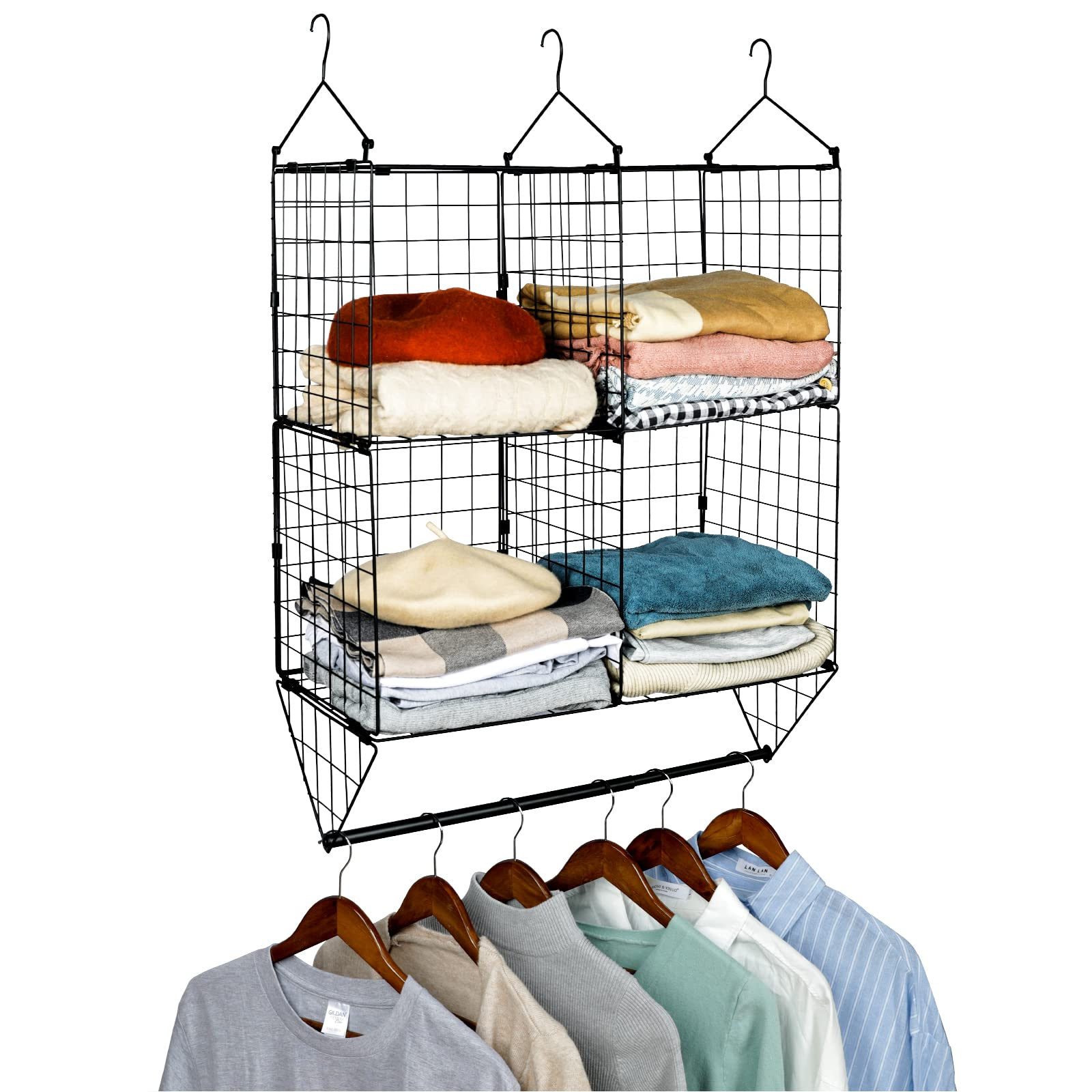 Hanging Closet Organizer 2 Tier Clothes Hanging Shelves Double-Layer Closet Storage with Metal Rod